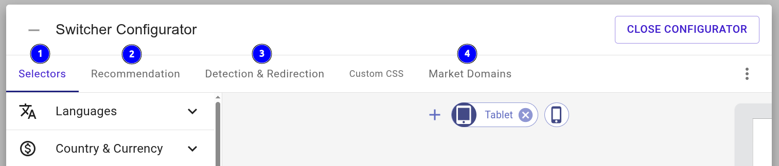 A general overview of the Switcher Configurator section and all its options (Selectors, recommendation, Detection & Redirection, Market Domains)