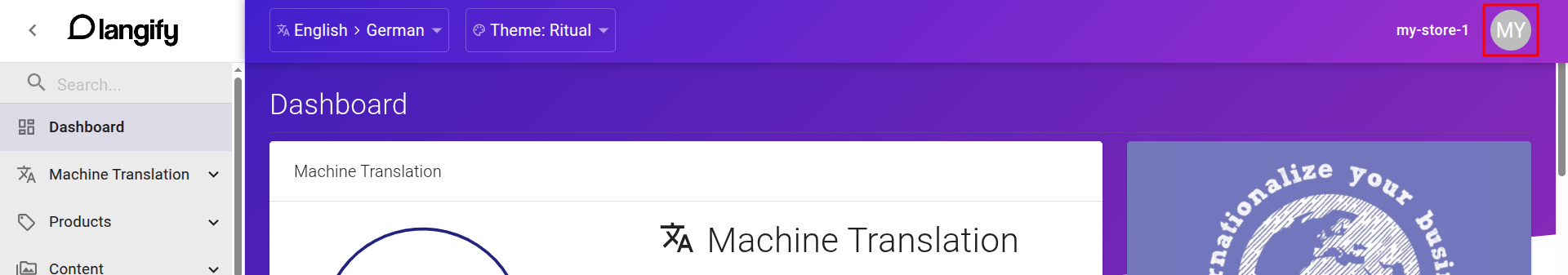The langify navigation bar with the circular user icon highlighted in the upper-right corner
