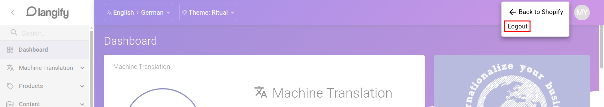 The dropdown menu opened from the user icon, with the Logout option highlighted