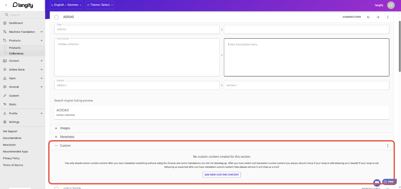 Shows where to add an item-specific Custom Content inside langify