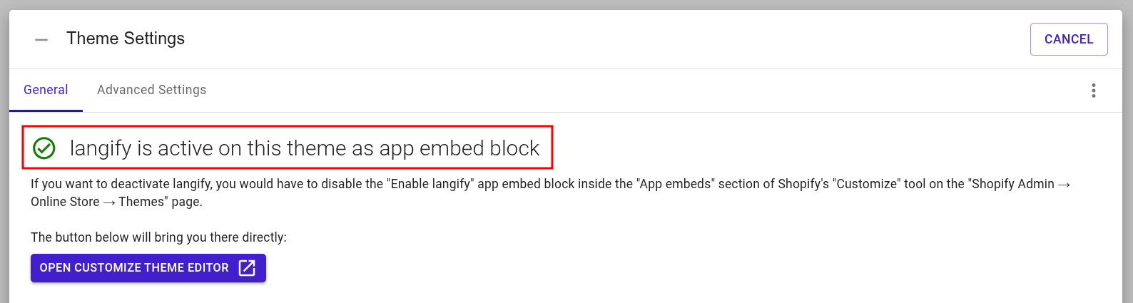langify Theme Settings tab after successfully publishing langify to your theme.