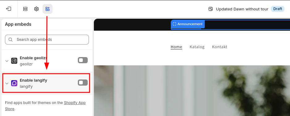 Embedded App section in the Shopify Theme Customizer where langify can be enabled