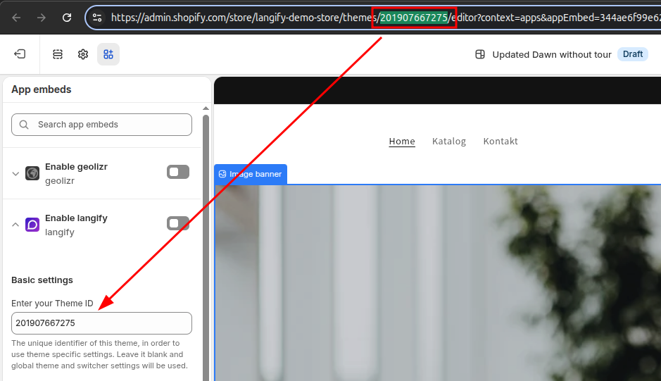 Highlighted URL in the Theme Customizer where you can find your ID Theme code