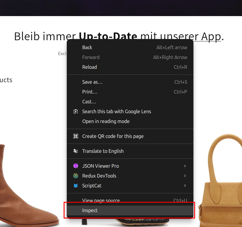 Right-clicking on the storefront text reveals a dropdown menu with the Inspect option