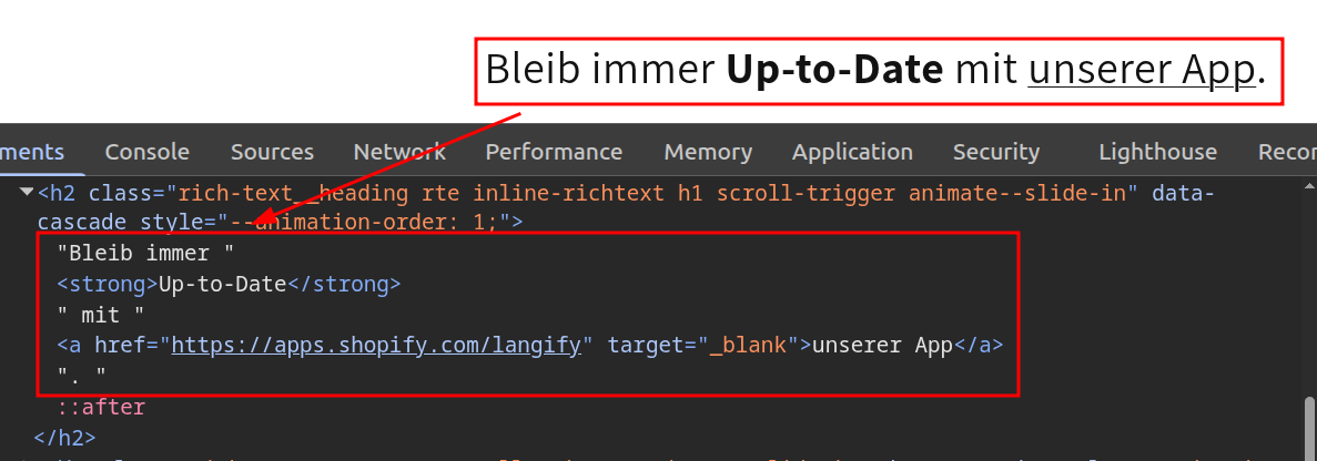 The browser Inspect tool showing the HTML structure of the text, split into 4 separate parts