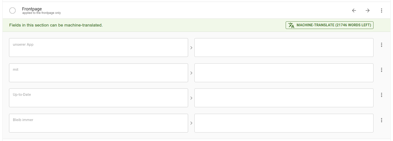 Four Custom Content entries created in langify, one for each part of the original text