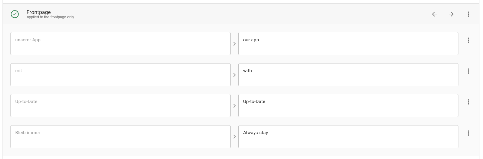 The four Custom Content entries with translations filled in for each part