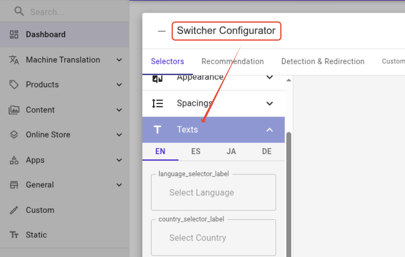 Texts section of the Switcher Configurator expanded, showing language tabs and the language_selector_label and country_selector_label fields.