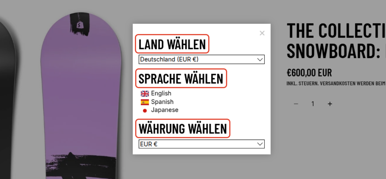 Popup switcher on a storefront showing the labels 'Land wählen', 'Sprache wählen', and 'Währung wählen' above the country, language, and currency selectors.