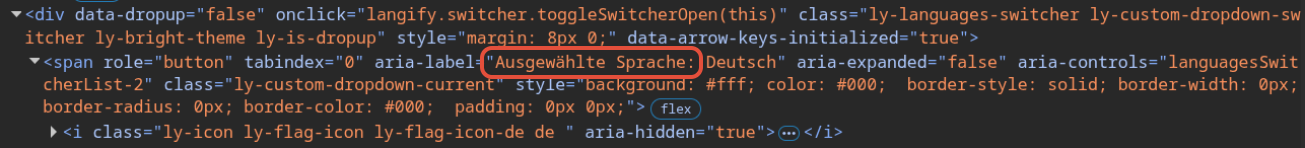 Browser dev tools showing the switcher's HTML, with the aria-label attribute set to 'Ausgewählte Sprache: Deutsch'.