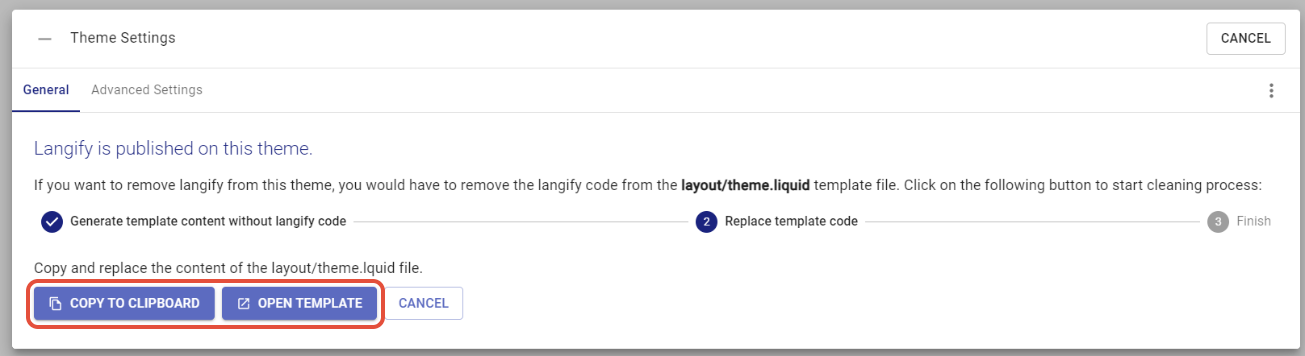 The options to Copy the code to Clipboard and Open Template will appear next to each other