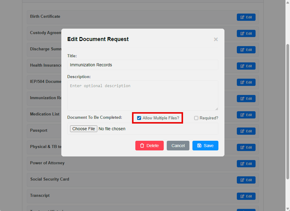 Document request configuration showing 'Allow Multiple Files' checkbox