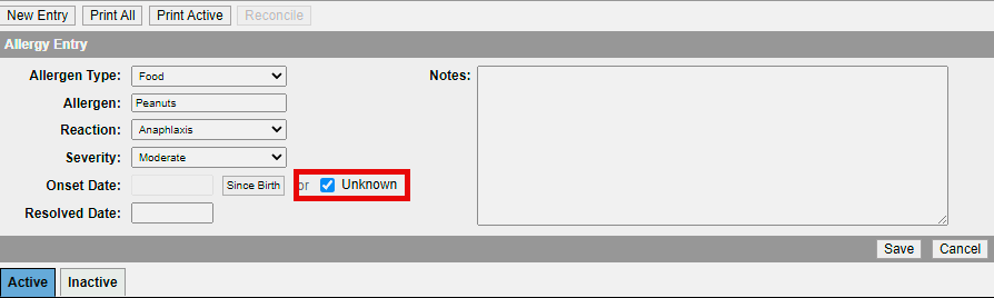 Allergies tab with 'Unknown' checkbox for Onset Date