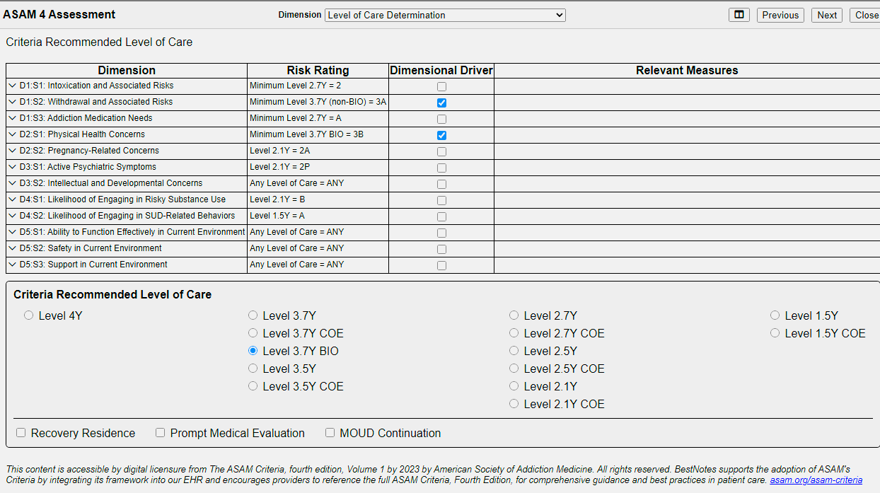 ASAM assessment showing criteria based on client age