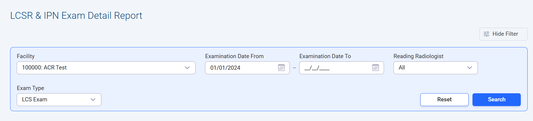 LCSR Exam Detail Report Filter