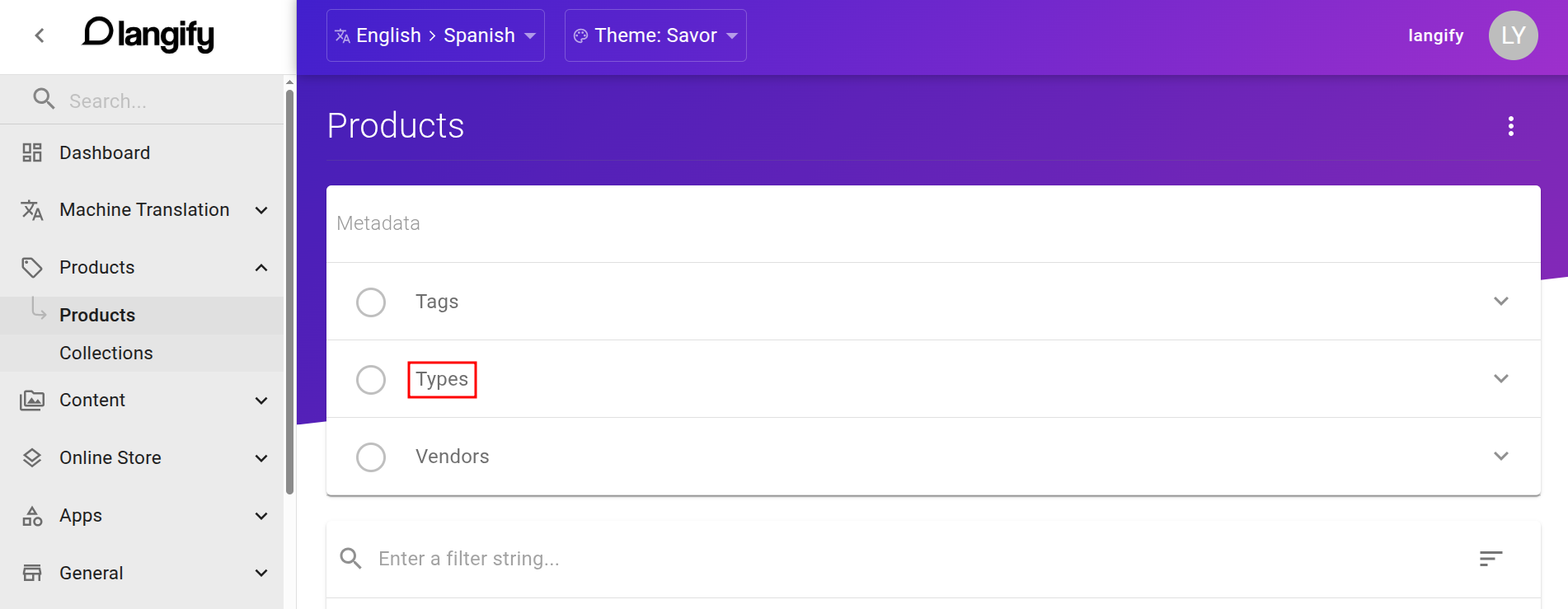 The Types section at the top of langify's Product area, listing product types with their translation fields