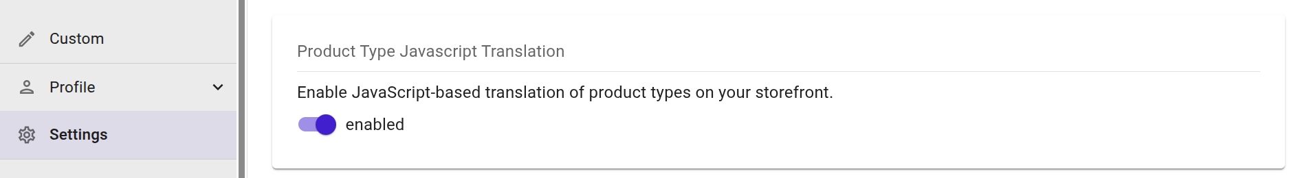 The Product Type Javascript Translation toggle in langify's Settings, shown enabled