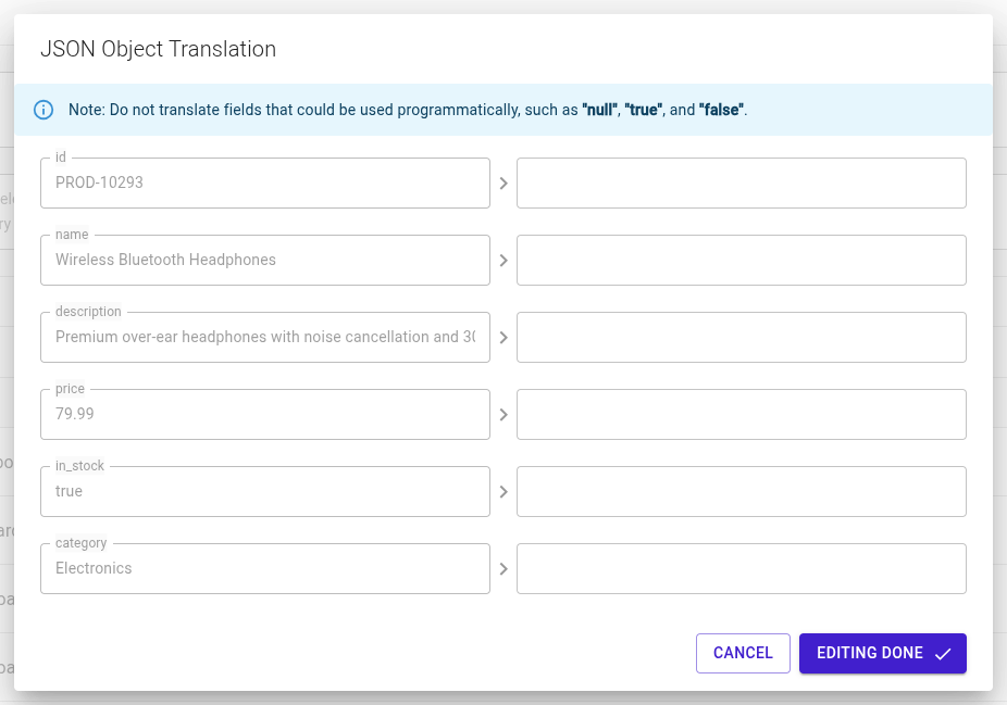 JSON Object Translation dialog with source and translation fields for a product object