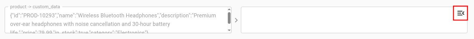 Product custom_data field displaying raw JSON in the source box, with a highlighted button to expand into the structured JSON translation editor.