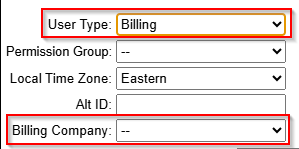 User Type dropdown and Billing Company dropdown