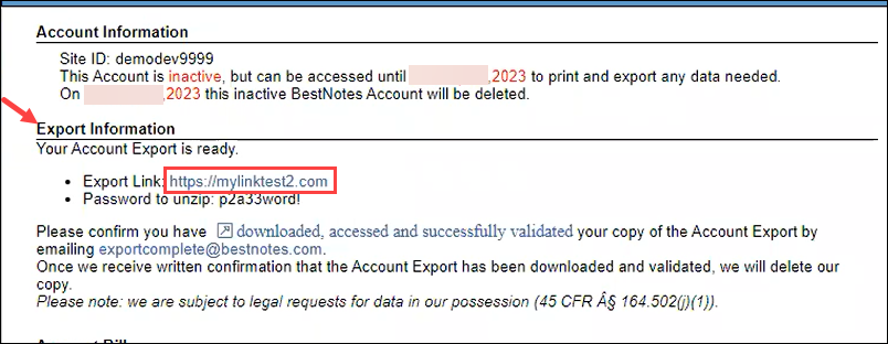 Account Details page showing Export Information section with download link