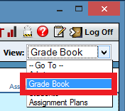Screenshot showing how to select Grade Book from the View dropdown.