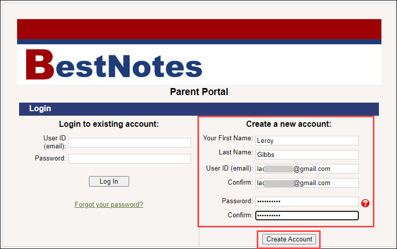 Create Account screen