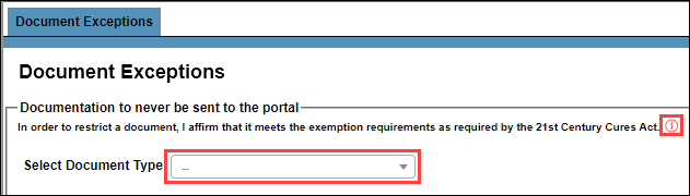 Screenshot showing the Document Exceptions area with Select Document Type dropdown