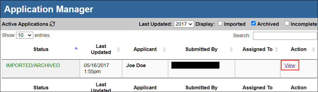 Screenshot showing the View action for an application