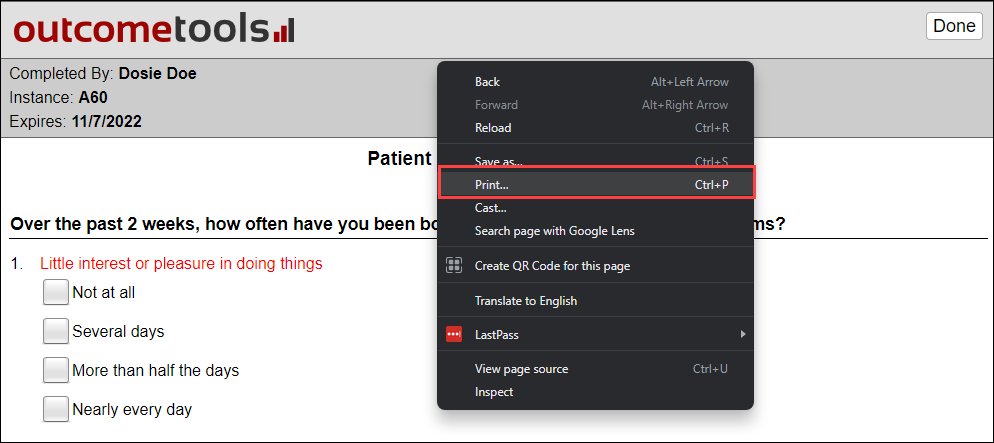 Right-click menu with Print option