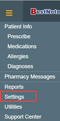 Screenshot showing how to access settings by hovering over menu icon.