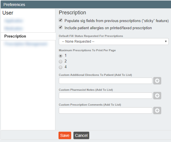 Screenshot of Prescription preferences for provider user.