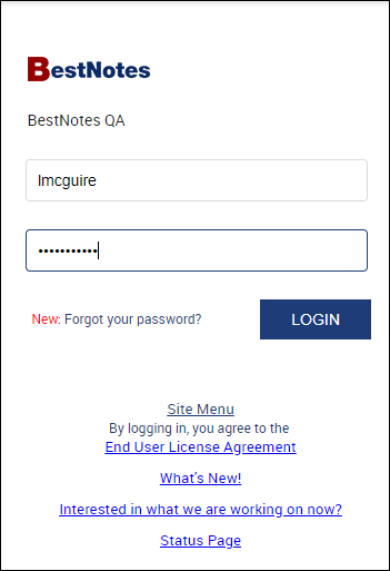 Login screen with username and password fields