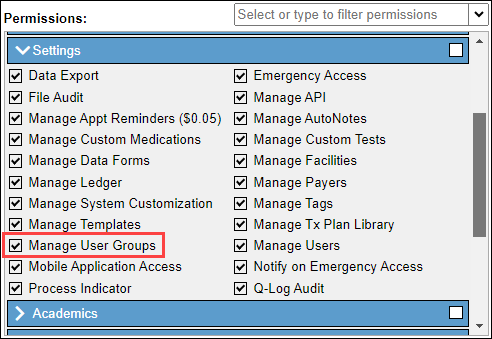 Screenshot showing the 'Manage User Groups' permission highlighted.