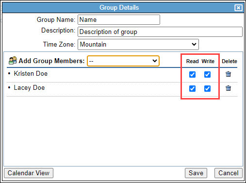 Screenshot showing Read and Write status checkboxes for group members.