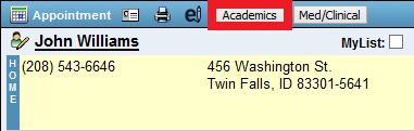 Screenshot of student profile with Academics button highlighted