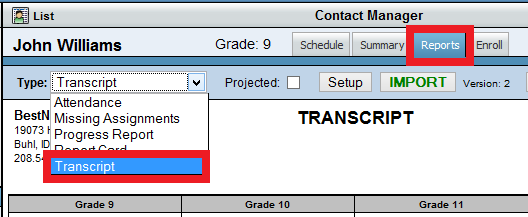Screenshot of Reports tab with Transcript type selected