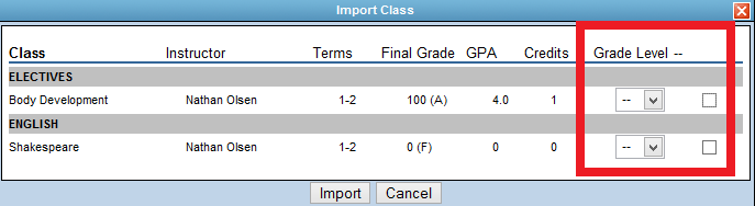 Screenshot showing class selection for transcript import