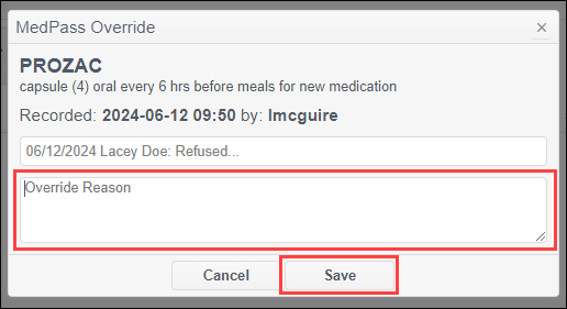 Override reason entry
