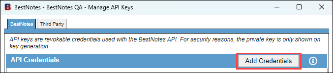 Screenshot showing the API Credentials screen with the 