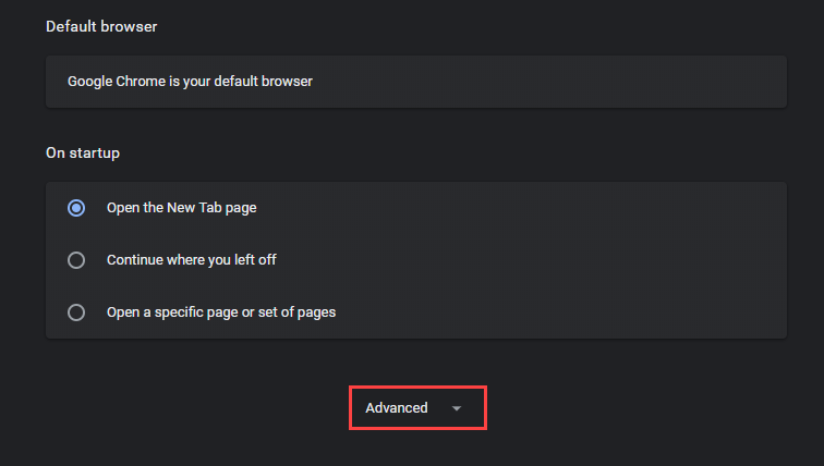 Screenshot showing 'Advanced' settings in Chrome.