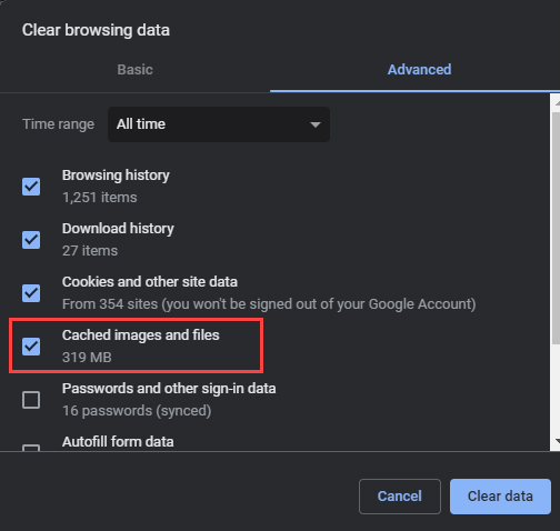Screenshot showing 'Cached images and files' checkbox in Chrome.
