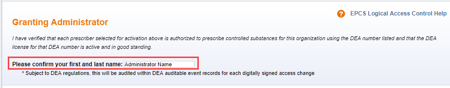 Entering Granting Administrator information