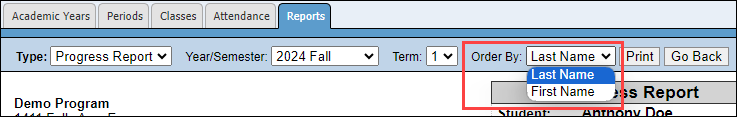 Progress Reports order options