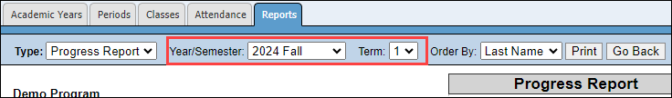 Progress Reports filters