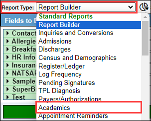 Report Type Academics selection
