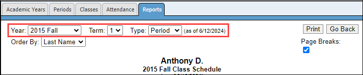 Student Schedule filters