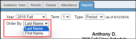 Student Schedule order options