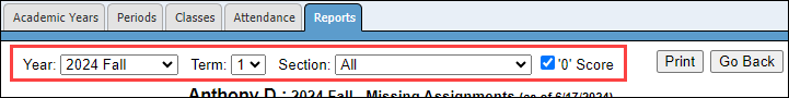 Missing Assignments filters