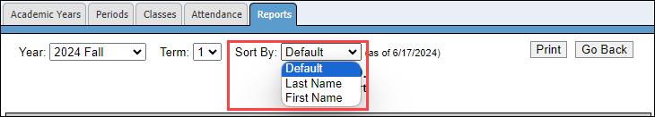 Grade Report sort options